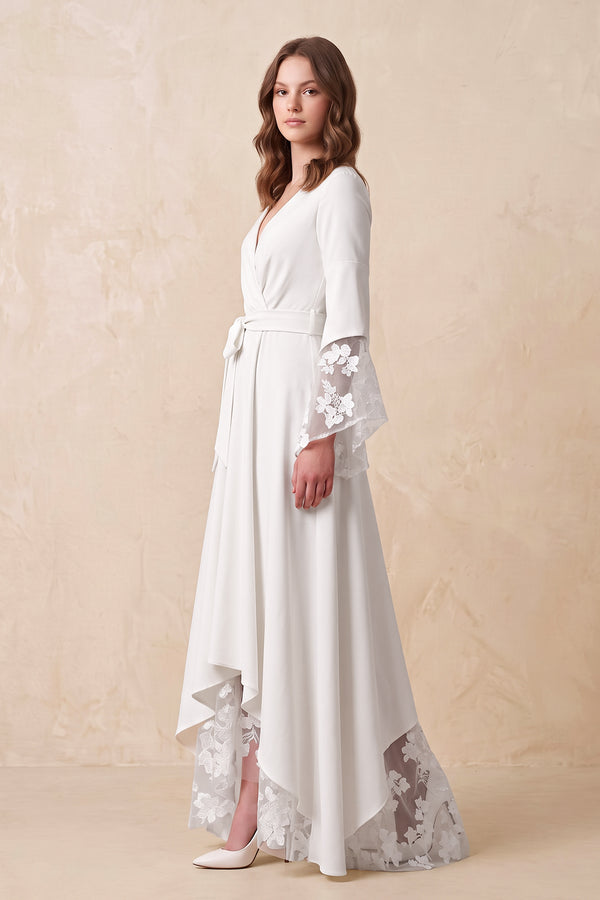 White Long Sleeves V Neck Lace Wedding Dress in White - KissProm Wedding Dresses