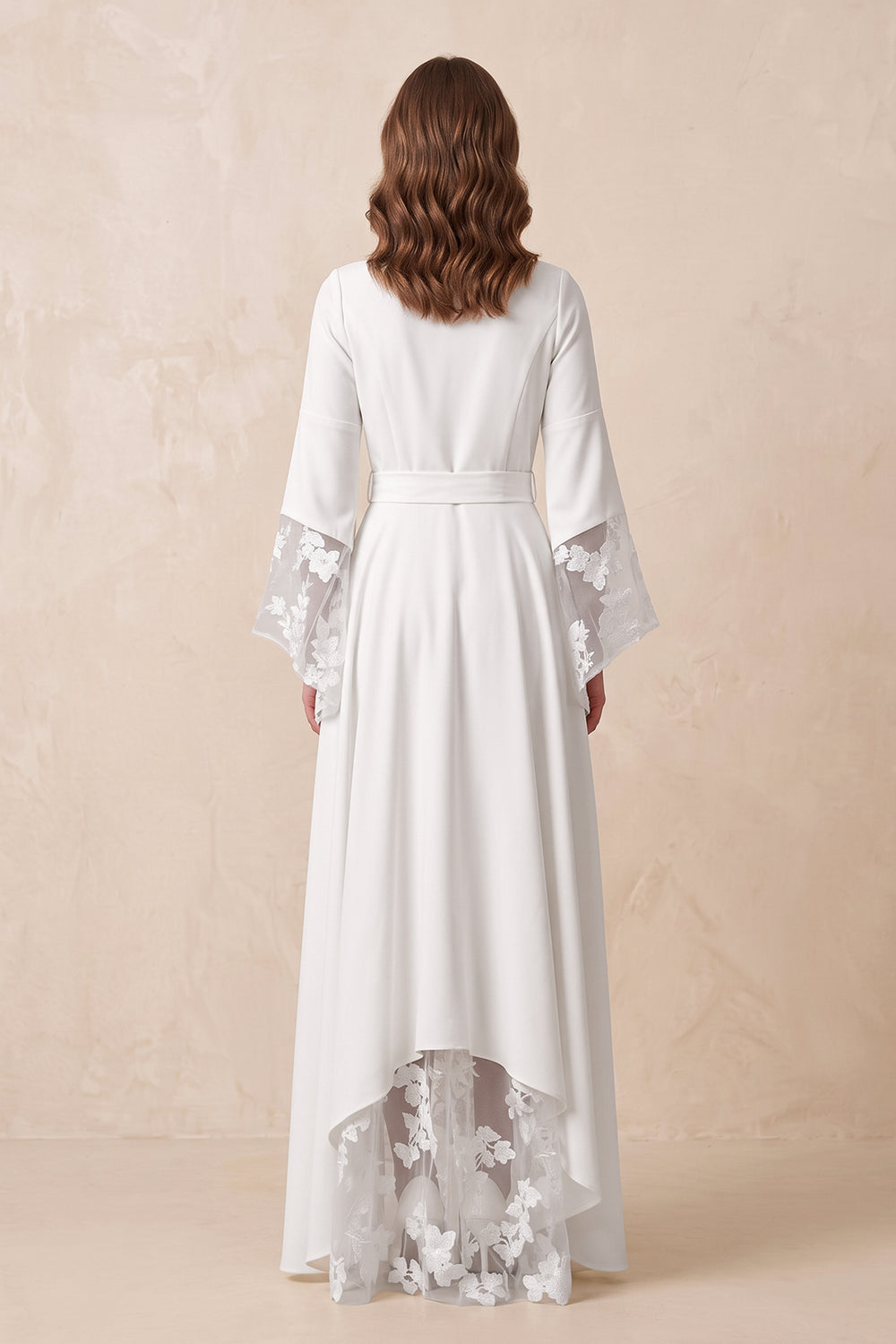 White Long Sleeves V Neck Lace Wedding Dress in White - KissProm Wedding Dresses