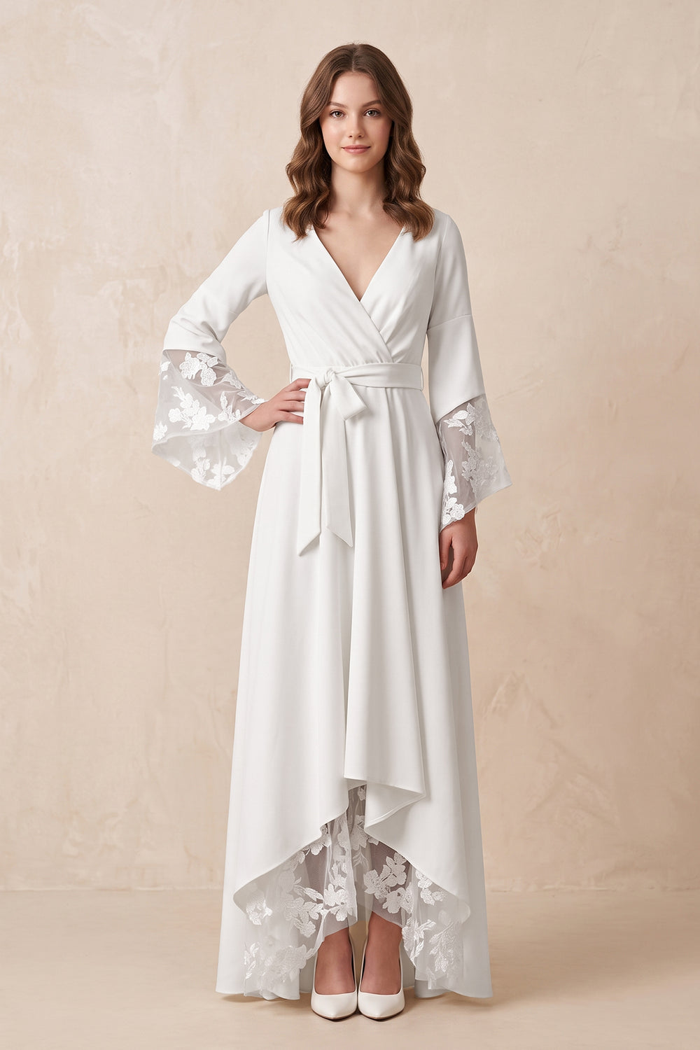 White Long Sleeves V Neck Lace Wedding Dress in White - KissProm Wedding Dresses