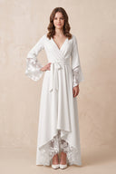 White Long Sleeves V Neck Lace Wedding Dress in White - KissProm Wedding Dresses