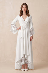White Long Sleeves V Neck Lace Wedding Dress in White - KissProm Wedding Dresses