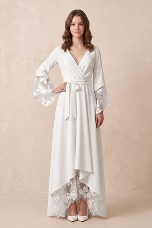 White Long Sleeves V Neck Lace Wedding Dress in White - KissProm Wedding Dresses