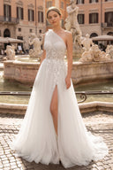 Light Yellow One Shoulder 3D Appliques Beading Long Prom Dress with Slit - KISSPROM PROM DRESSES