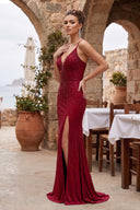 Silver Spaghetti Straps Mermaid Satin Beaded Long Formal Prom Dresses With Slit - KissProm