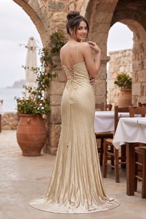 Silver Spaghetti Straps Mermaid Satin Beaded Long Formal Prom Dresses With Slit - KissProm