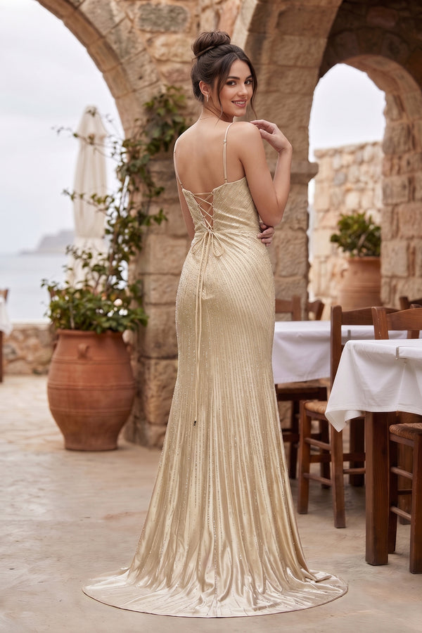 Silver Spaghetti Straps Mermaid Satin Beaded Long Formal Prom Dresses With Slit - KissProm