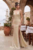 Silver Spaghetti Straps Mermaid Satin Beaded Long Formal Prom Dresses With Slit - KissProm