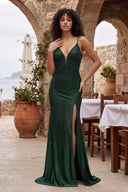 Silver Spaghetti Straps Mermaid Satin Beaded Long Formal Prom Dresses With Slit - KissProm