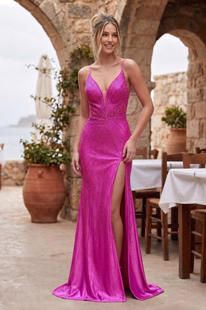 Silver Spaghetti Straps Mermaid Satin Beaded Long Formal Prom Dresses With Slit - KissProm
