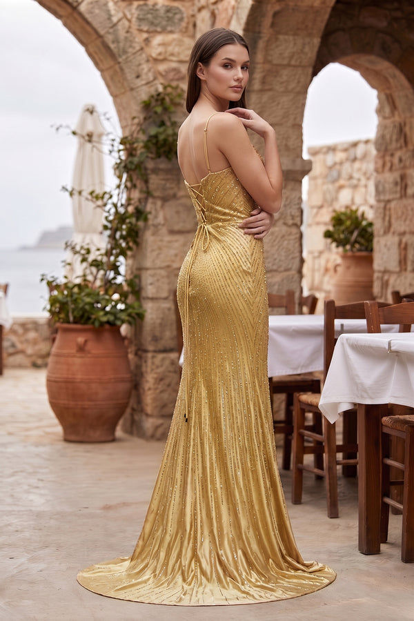 Silver Spaghetti Straps Mermaid Satin Beaded Long Formal Prom Dresses With Slit - KissProm