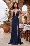 Silver Spaghetti Straps Mermaid Satin Beaded Long Formal Prom Dresses With Slit - KissProm