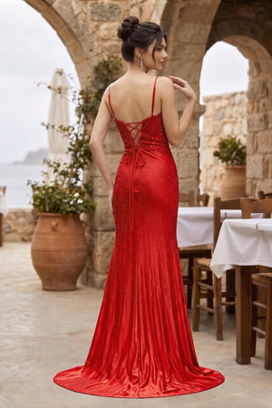 Silver Spaghetti Straps Mermaid Satin Beaded Long Formal Prom Dresses With Slit - KissProm
