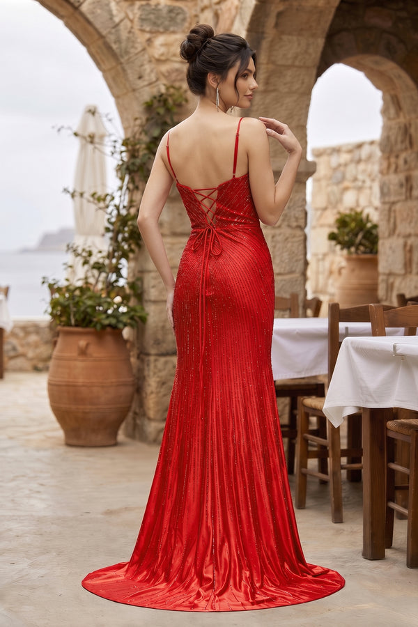 Silver Spaghetti Straps Mermaid Satin Beaded Long Formal Prom Dresses With Slit - KissProm