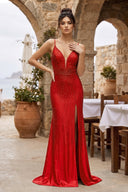 Silver Spaghetti Straps Mermaid Satin Beaded Long Formal Prom Dresses With Slit - KissProm