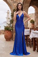 Silver Spaghetti Straps Mermaid Satin Beaded Long Formal Prom Dresses With Slit - KissProm