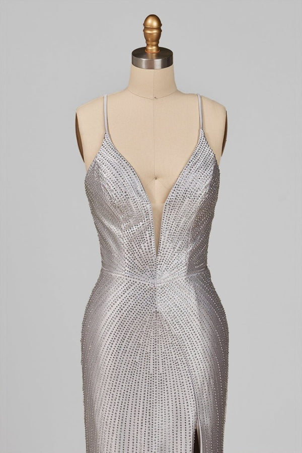 Loria | Silver - V Neck Mermaid Satin Beaded Long Formal Prom Dresses With Slit - KissProm