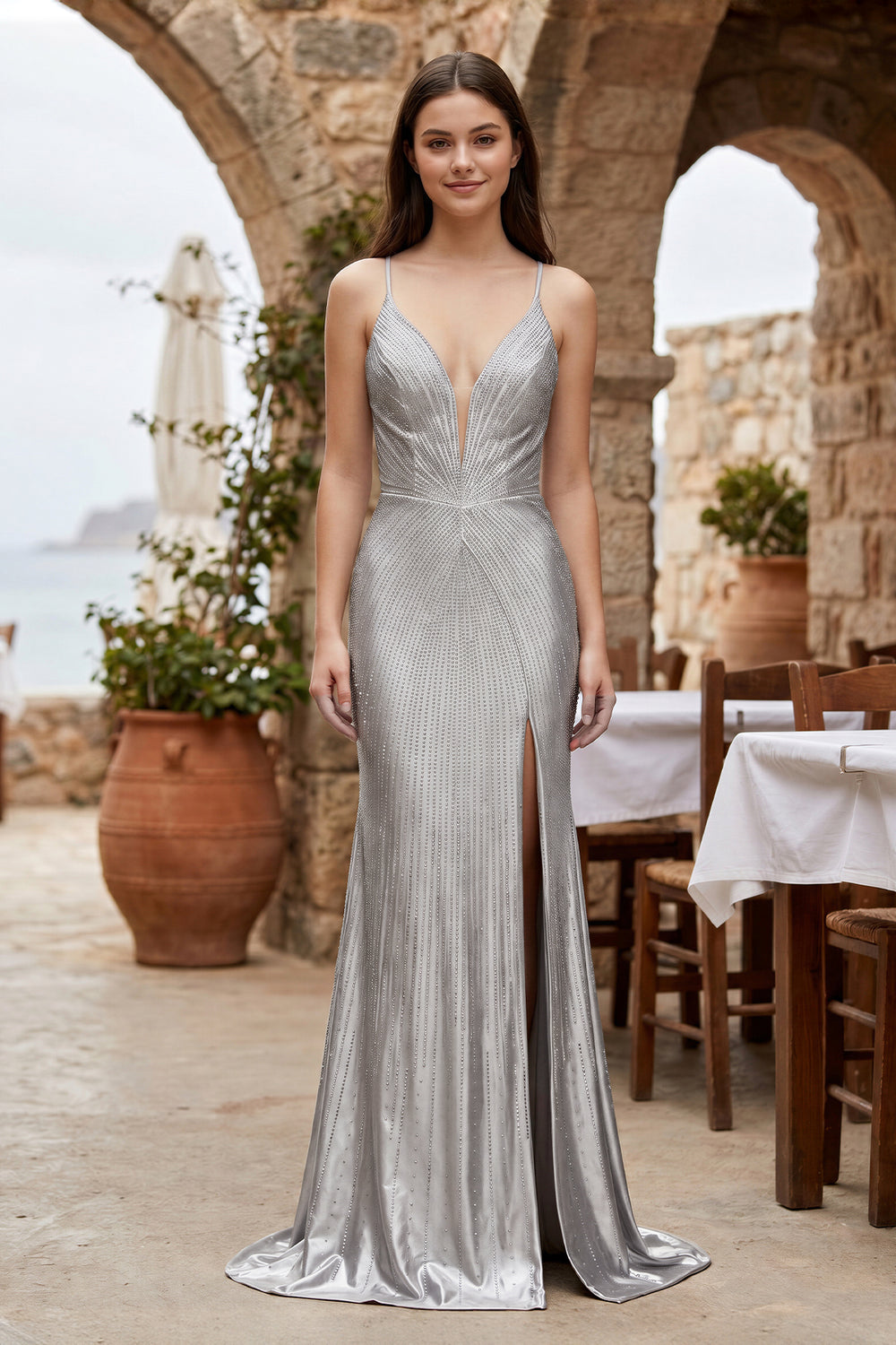 Silver Spaghetti Straps Mermaid Satin Beaded Long Formal Prom Dresses With Slit - KissProm