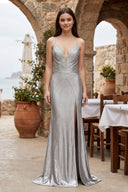Silver Spaghetti Straps Mermaid Satin Beaded Long Formal Prom Dresses With Slit - KissProm