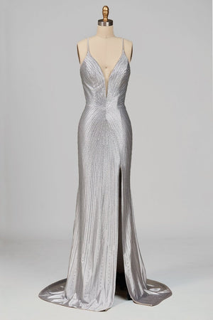 Loria | Silver - V Neck Mermaid Satin Beaded Long Formal Prom Dresses With Slit - KissProm