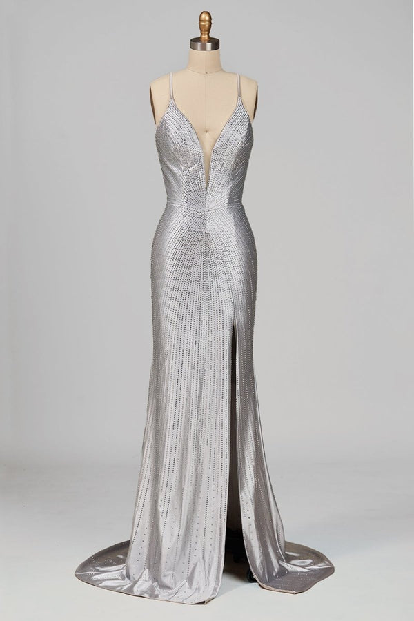 Loria | Silver - V Neck Mermaid Satin Beaded Long Formal Prom Dresses With Slit - KissProm