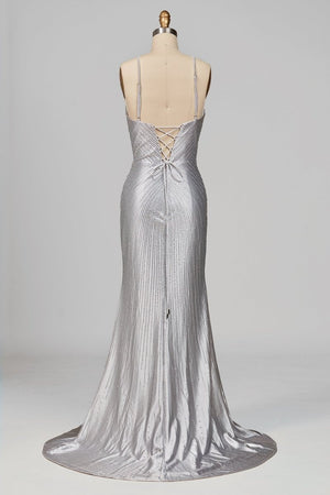 Loria | Silver - V Neck Mermaid Satin Beaded Long Formal Prom Dresses With Slit - KissProm