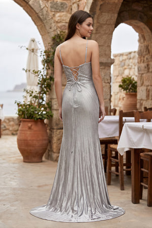 Silver Spaghetti Straps Mermaid Satin Beaded Long Formal Prom Dresses With Slit - KissProm