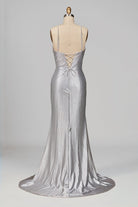 Loria | Silver - V Neck Mermaid Satin Beaded Long Formal Prom Dresses With Slit - KissProm