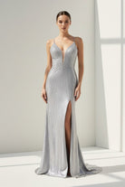 Loria | Silver - V Neck Mermaid Satin Beaded Long Formal Prom Dresses With Slit - KissProm