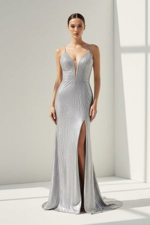 Loria | Silver - V Neck Mermaid Satin Beaded Long Formal Prom Dresses With Slit - KissProm