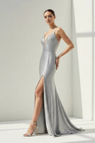 Loria | Silver - V Neck Mermaid Satin Beaded Long Formal Prom Dresses With Slit - KissProm
