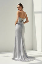 Loria | Silver - V Neck Mermaid Satin Beaded Long Formal Prom Dresses With Slit - KissProm