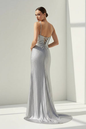 Loria | Silver - V Neck Mermaid Satin Beaded Long Formal Prom Dresses With Slit - KissProm