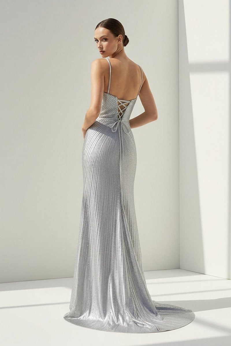 Loria | Silver - V Neck Mermaid Satin Beaded Long Formal Prom Dresses With Slit - KissProm