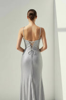 Loria | Silver - V Neck Mermaid Satin Beaded Long Formal Prom Dresses With Slit - KissProm