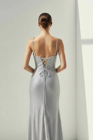 Loria | Silver - V Neck Mermaid Satin Beaded Long Formal Prom Dresses With Slit - KissProm