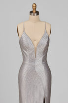 Loria | Silver - V Neck Mermaid Satin Beaded Long Formal Prom Dresses With Slit - KissProm