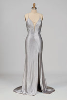Loria | Silver - V Neck Mermaid Satin Beaded Long Formal Prom Dresses With Slit - KissProm