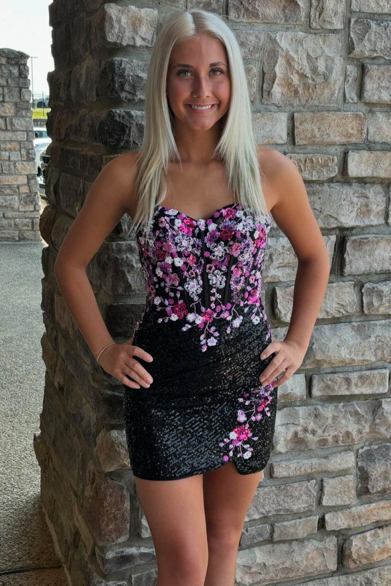 Lorielle | Black - Sweetheart Sequins Short Bodycon Homecoming Dresses With Appliques