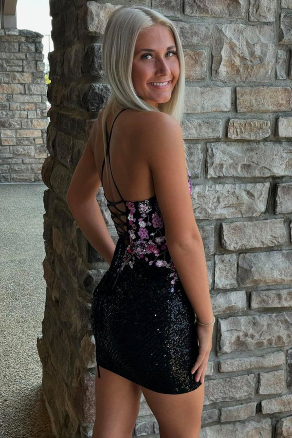 black bodycon homecoming dresses V Neck Sequins Short Tight DM24090802 Dressmeet The lace Black Homecoming Dresses | Macy's