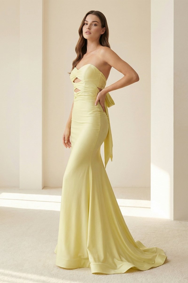 Lorisse | Yellow - Strapless Mermaid Satin Formal Prom Dresses With Cutout - KissProm