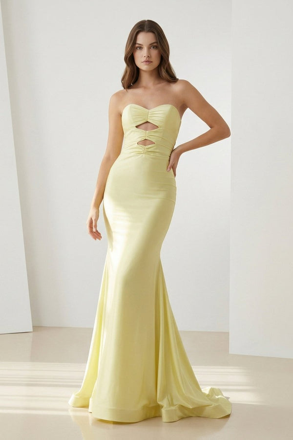 Lorisse | Yellow - Strapless Mermaid Satin Formal Prom Dresses With Cutout - KissProm