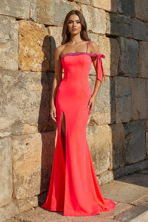 KissProm-Coral Mermaid One Shoulder Beaded Long Prom Dress with Slit