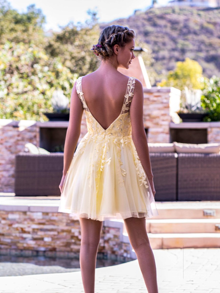 Low V Back Applique Tulle Mini Length Homecoming Dress Low V Back Applique Tulle Mini Length Homecoming Dress