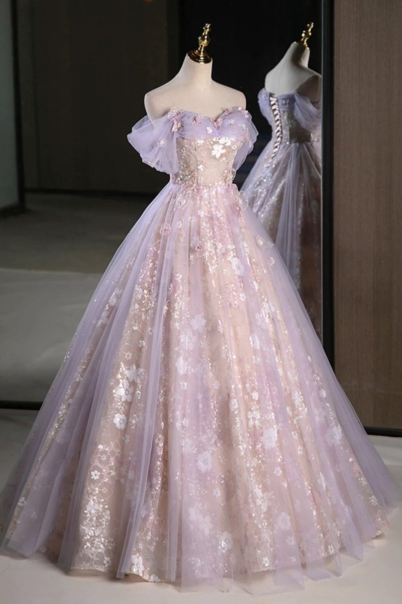 strapless open back dress Lilac Off The Shoulder Tulle A Line Prom Dress with Appliques Lilac / 16