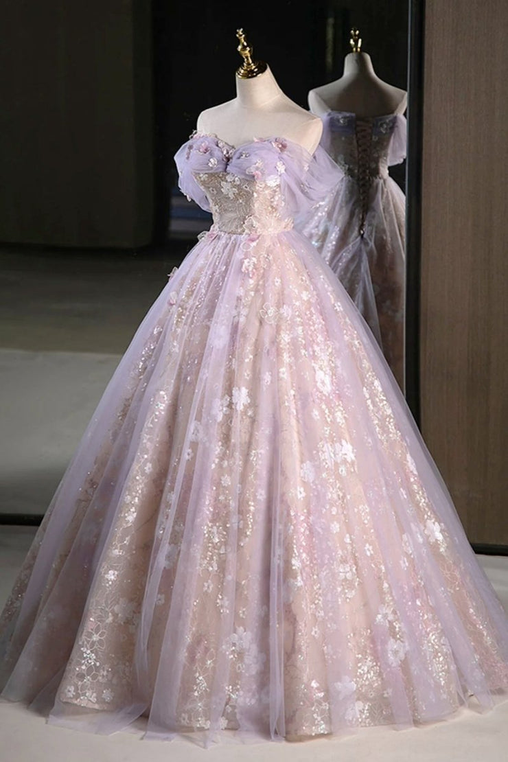 Lilac A Line Off The Shoulder Tulle Lace Sqeuin Without Sleeves Long Prom Dress, Evening Dress C6500 main image 1