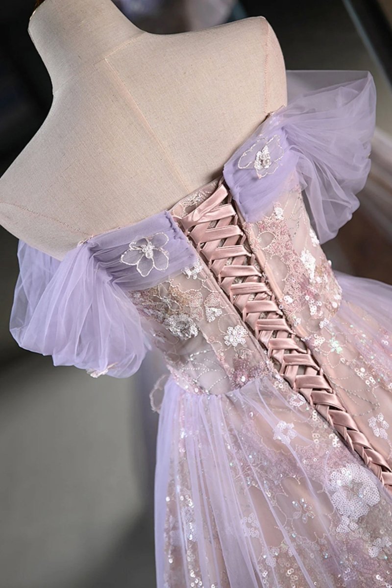 Lilac Off The Shoulder Tulle A Line Prom Dress with Appliques Lilac / 16