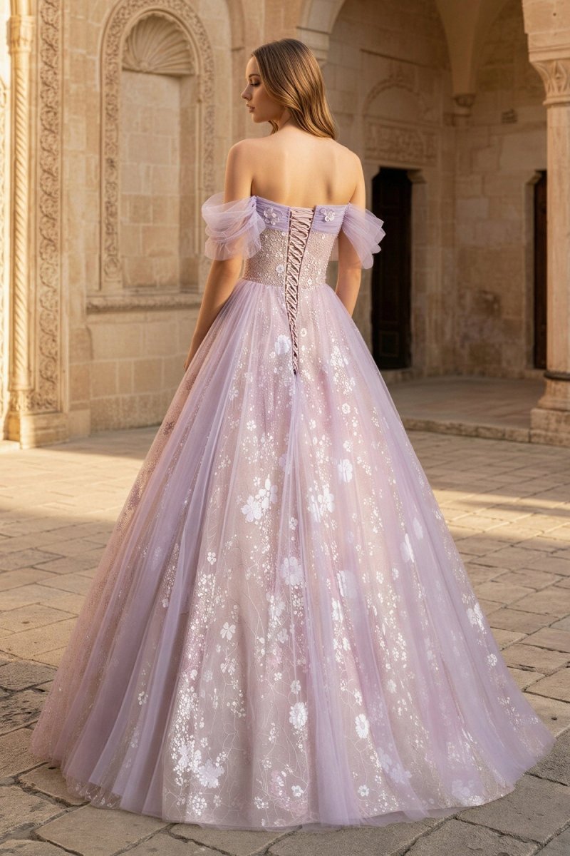 KissProm Lilac Off The Shoulder Tulle A Line Prom Dress With Appliques, Lilac / 16