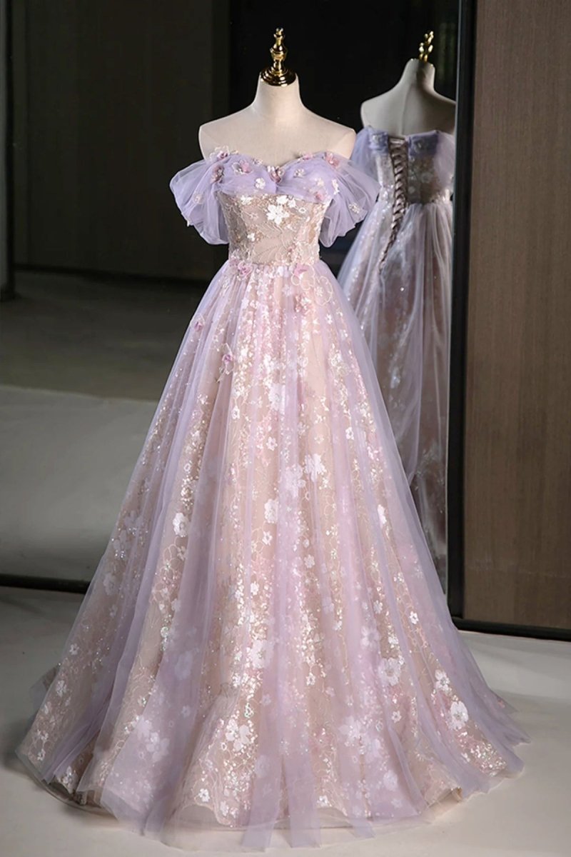 Lilac Off The Shoulder Tulle A Line Prom Dress with Appliques Lilac / 16