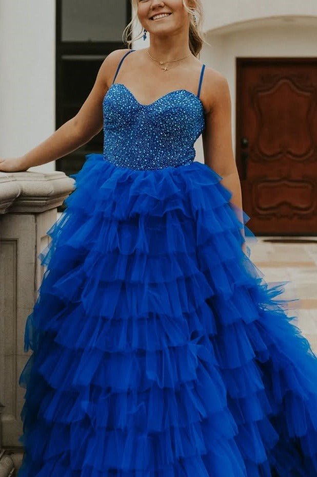 Lucely | Spaghetti Straps Sweetheart Layered Tulle Formal Prom Dress with Slit - KissProm