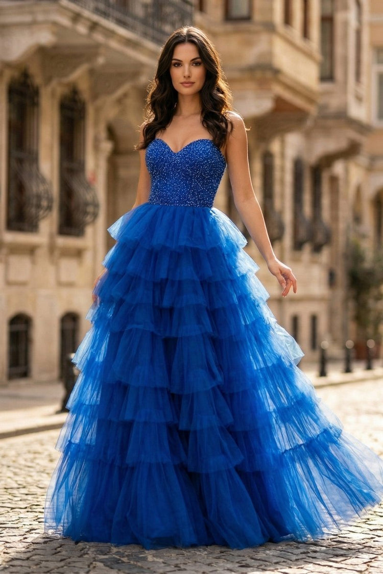 KissProm Spaghetti Straps Sweetheart Layered Tulle Formal Prom Dress with Slit, Red / 0